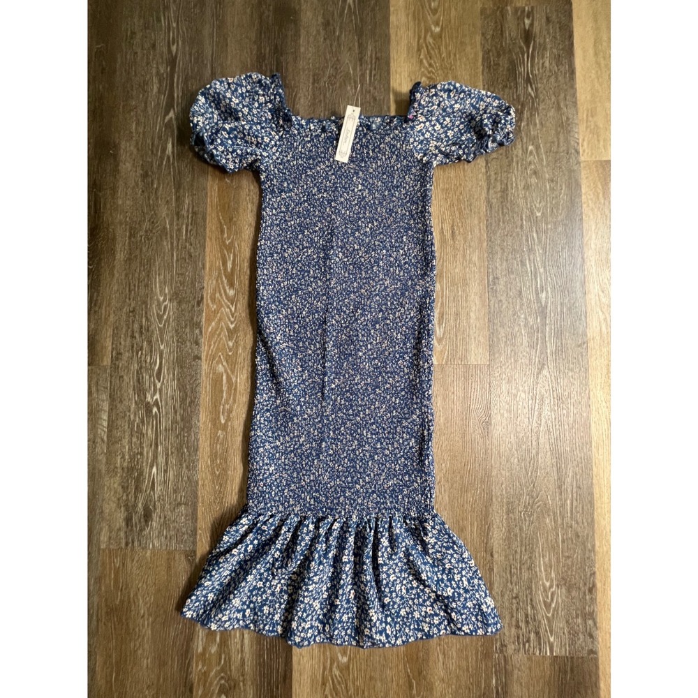 Fashion Smocked Midi Dress Womens Medium Blue Floral Puff Sleeve Mermaid Hem